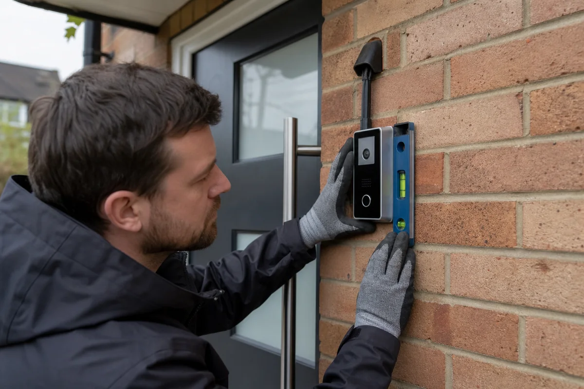Installer fitting a video door-entry unit beside a front door