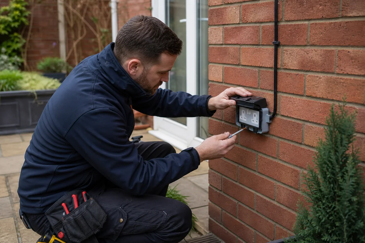 Electrician installing a weatherproof outdoor socket