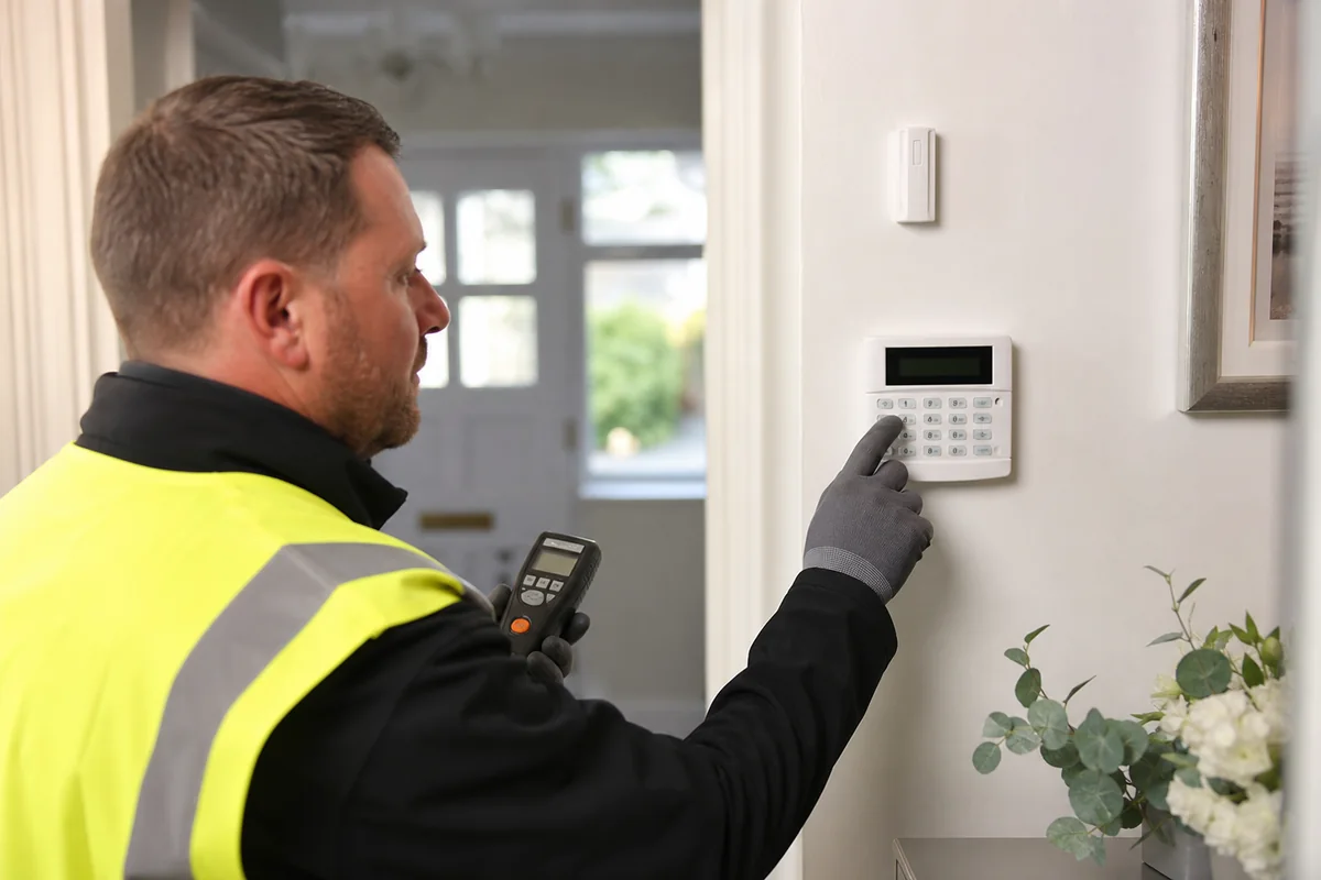 Installer commissioning a domestic security alarm keypad