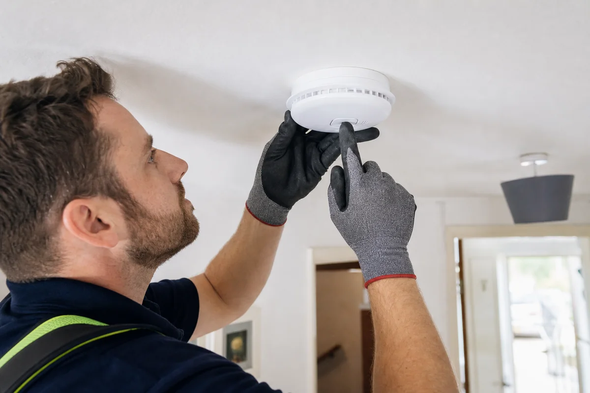 Electrician installing and testing a ceiling smoke alarm